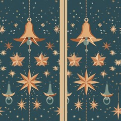 Wall Mural - A seamless pattern featuring gold stars and bells with a decorative, stylized design. The ornaments are arranged against a dark teal background and surrounded by small white stars, creating a festive 