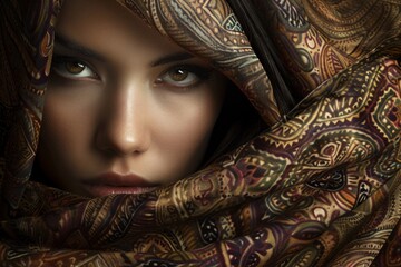 Wall Mural - Gorgeous young lady with brown eyes posing in ornate fabric