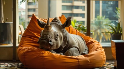 Canvas Print - A rhino laying on a bean bag in front of windows, AI