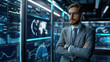 © sommersby - A confident businessman stands with his arms crossed, looking towards the camera in a modern office setting. Behind him are large digital screens displaying data and graphics