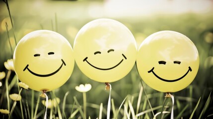 Canvas Print - Three balloons with smiley faces on them are sitting in the grass, AI