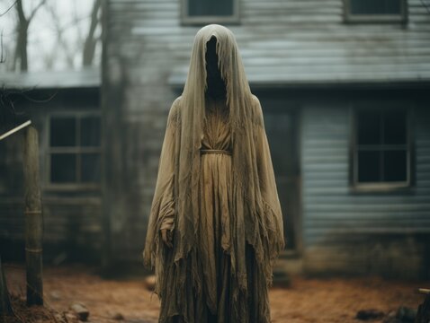 a woman in a ghost costume stands in front of a house