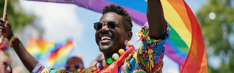 Wall Mural - A man is holding a rainbow flag and smiling. Concept of joy and celebration, as the man is participating in a pride parade or a gay event