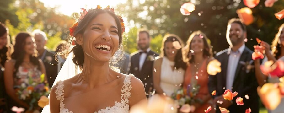Laughing bride enjoys being showered with flower petals during her wedding ceremony