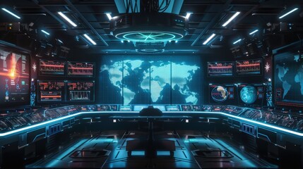 Poster - A futuristic room with a large monitor showing a map of the world. The room is filled with computer monitors and has a futuristic feel to it