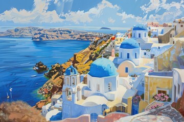 There are numerous blue domes on the buildings of Santorini island in Greece