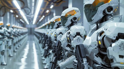 Leinwandbilder - A group of robots are lined up in a factory. They are all white and have guns. Scene is serious and militaristic