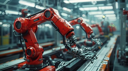 Canvas Print - A close-up depiction of red industrial robotic arms in operation with a focus on technology and automation