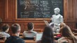 © vadosloginov - A robot is standing in front of a chalkboard with a group of people watching. The robot is holding a laptop and he is giving a presentation. Scene is educational and informative