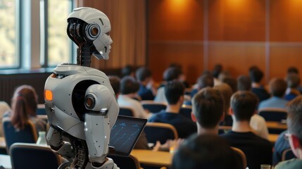 Aufkleber - A robot is standing in front of a classroom full of people. The robot is holding a laptop and he is giving a presentation. The audience is attentive and engaged, listening to the robot's words