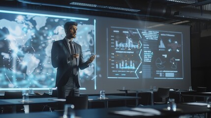 Leinwandbilder - A man stands in front of a large screen with a presentation on it. He is dressed in a suit and tie, and he is giving a speech. The presentation on the screen is filled with graphs and charts