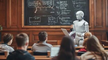 Aufkleber - A robot is standing in front of a chalkboard with a group of people watching. The robot is holding a laptop and he is giving a presentation. Scene is educational and informative