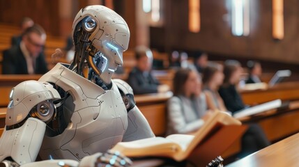 Aufkleber - A robot is sitting in a classroom reading a book. The robot is surrounded by people, some of whom are looking at it. Concept of curiosity and wonder