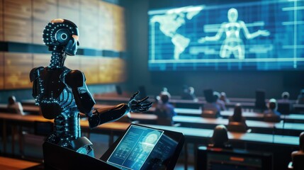 Leinwandbilder - A robot is standing in front of a computer screen with a map of the world on it. The robot is giving a presentation to a group of people