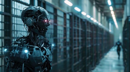 Leinwandbilder - A robot with glowing eyes stands in a dark room. The robot is surrounded by metal bars, giving the impression of a prison cell. Scene is eerie and ominous