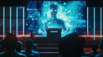 Fototapete - A man is standing in front of a podium with a large screen behind him. The screen is displaying a man's face and the words 