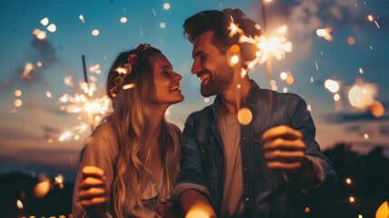 Wall Mural - A couple lighting sparklers and watching fireworks burst into the night sky to celebrate Independence Day. 