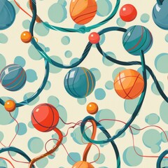 Fototapete - A colorful pattern of balls and strings. The balls are of different colors and sizes, and the strings are of various lengths. Scene is playful and whimsical, with the balls