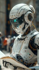 Aufkleber - A robot is holding a piece of paper and standing in front of a crowd of people. The robot is wearing a white suit and has a blue visor on its head. The scene appears to be futuristic