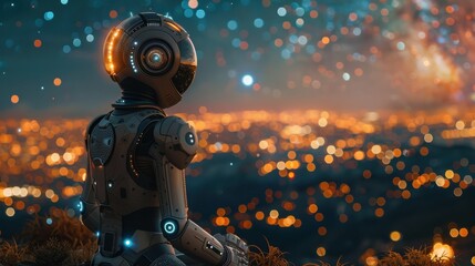 Poster - A robot is sitting on a hill overlooking a city at night. The robot is wearing a helmet and has a glowing blue eye. The city below is lit up with bright lights, creating a sense of wonder and awe
