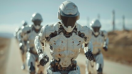 Poster - A group of robots are running down a road. The robots are all white and have a metallic appearance. The robots are moving in a line, with one robot slightly ahead of the others