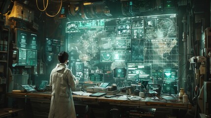 Leinwandbilder - A man in a lab coat is looking at a computer monitor with a lot of data on it. The room is filled with various electronic devices and the man is focused on the screen. Scene is serious and focused