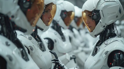 Leinwandbilder - A group of robots are lined up in a row, all wearing white helmets. The robots appear to be identical, and they are all facing the same direction. The scene gives off a sense of uniformity and order