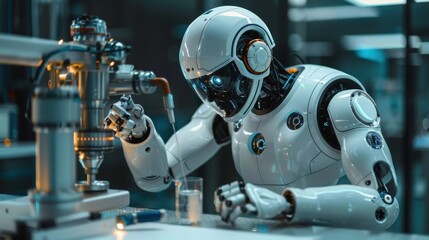 Fototapete - A robot is working in a lab, holding a glass and a cup. The robot is white and has a robotic appearance. The scene is futuristic and gives off a sense of advanced technology