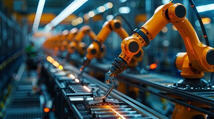 Wall Mural - Close-up of an automated robot arm performing tasks on a production line in an industrial environment