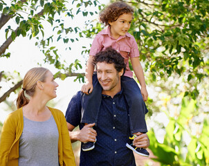 Canvas Print - Family, parents and child in nature for fun, happy care and bonding with children smile in park. Couple, outside walking and kid together in summer, love and relationship for growth development