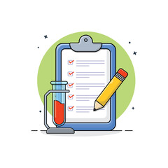 clipboard with test tube and pencil vector illustration. clinical test concept design