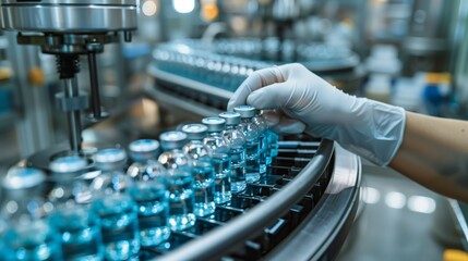 A person in gloves works on a conveyor with bottles