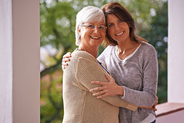 Poster - Portrait, senior and mom hug daughter with love, outdoor and patio of home, smile and happiness. Family, adults and women embrace with care, person and visit mother in retirement in house with joy