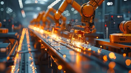 Wall Mural - A striking image of an industrial robot engaged in a manufacturing task, generating sparks during operation