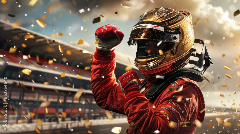 Car Racing Winner Formula One racing team driver celebrates victory with golden confetti ...