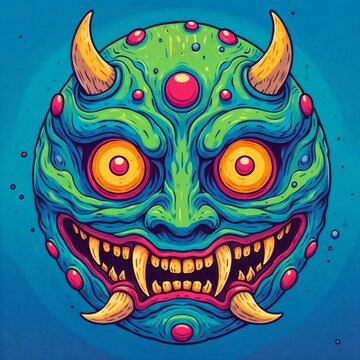  A colorful illustration of a horned mask with sharp teeth.