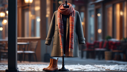 Wall Mural - Mannequin in a women's winter outfit with a wool coat, scarf, and boots, designed for warmth and style, Generative AI