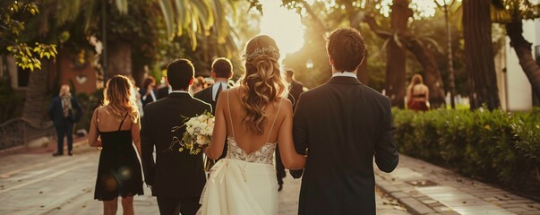 Wall Mural - Newlywed couple strolling down a park path with their wedding guests following behind
