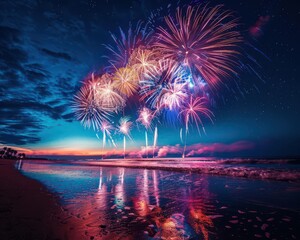 Wall Mural - Vibrant fireworks light up the night sky above a tranquil beach, their reflections creating a stunning display on the water's surface.