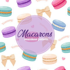 Wall Mural - Vector seamless pattern with different colorful macarons,bows,and lettering.
