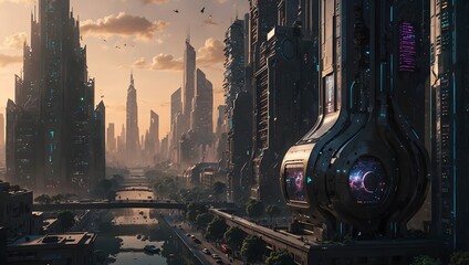 Wall Mural -  A story set in a utopian city where advanced AI governs with benevolence, ensuring harmony among its diverse inhabitants ai_generated