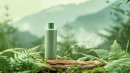 A bottle of green beauty product is placed on a horizontal piece of dry wood in the middle.