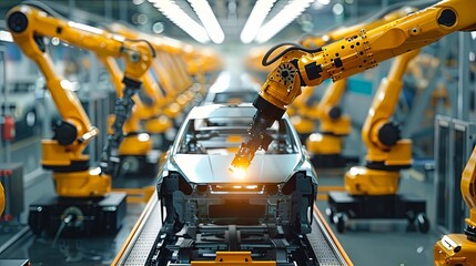 Wall Mural - Multiple robotic arms with bright welding sparks engaged in car manufacturing on an automated production line