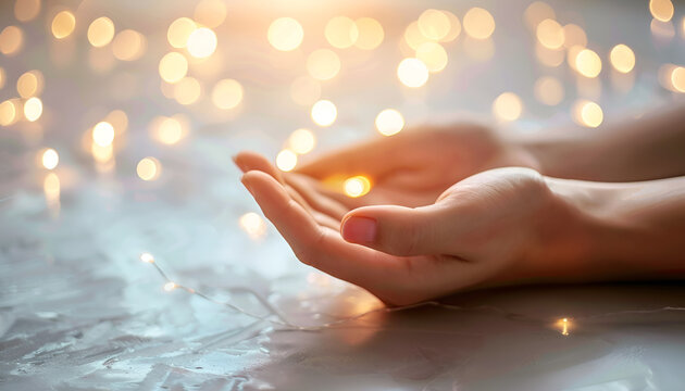 Human hands praying for blessing with star dust lights shining on white shine blur background