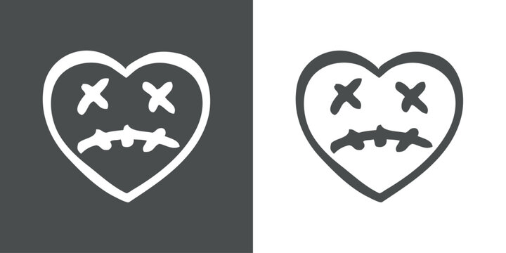 Logo con emoticono de corazón zombi triste para invitaciones y tarjetas de Halloween o San Valentín. Cara de zombi triste en corazón como personaje emoji