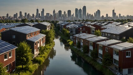 Wall Mural - The daily life of citizens in a sustainable, self-sufficient city powered by renewable energy ai_generated