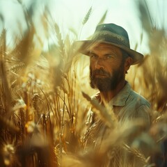 Wall Mural - a man in a hat and shirt standing in a field of wheat