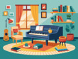 © Bendix - Living room with a piano, coffee table books, and cozy blankets