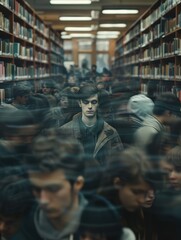 Wall Mural - a man is standing in a library with many people