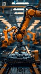 Wall Mural - A robotic arm equipped with a camera conducts a meticulous inspection of parts on a manufacturing assembly line